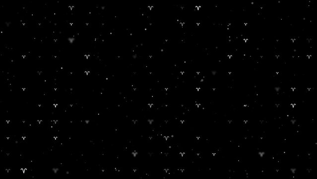 Template animation of evenly spaced zodiac aries symbols of different sizes and opacity. Animation of transparency and size. Seamless looped 4k animation on black background with stars
