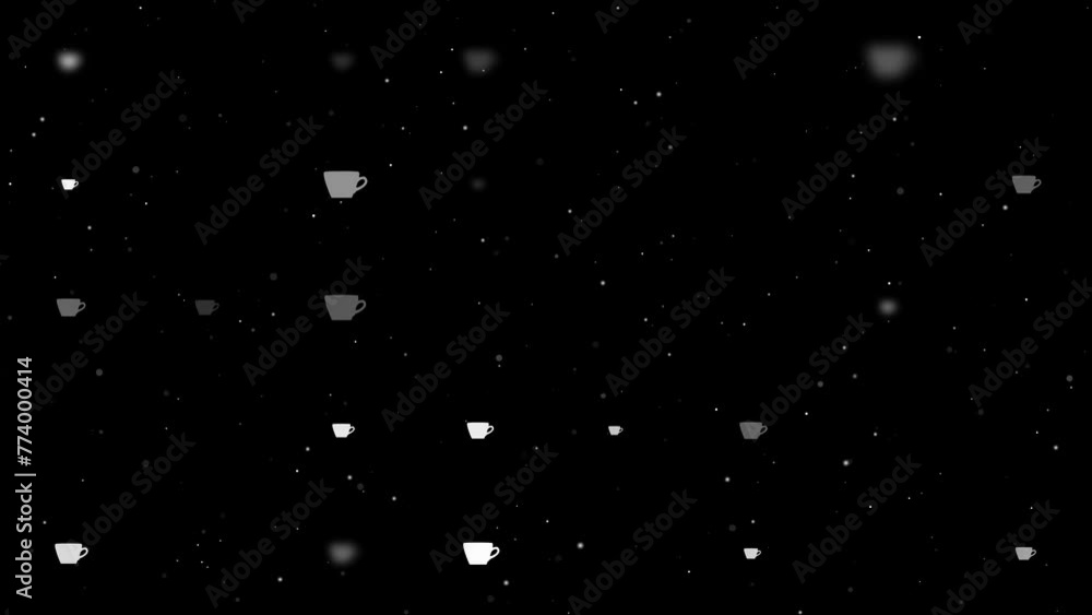 Poster template animation of evenly spaced coffee cup symbols of different sizes and opacity. animation of 