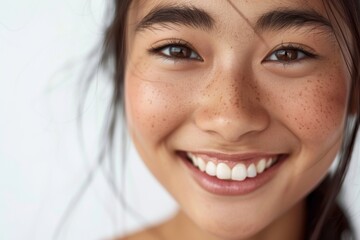 Fototapeta premium Close-up shot of a young Asian woman's radiant smile against a white background