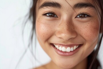 Close-up shot of a young Asian woman's radiant smile against a white background