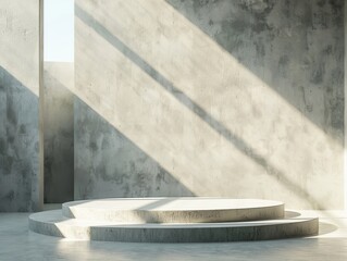 Empty simple background for presentation with wall and podium. Sunlight from the window