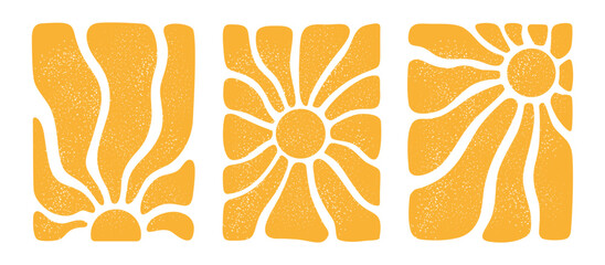 Groovy sun. Yellow textured retro sun. Posters from the 70s and 60s. Hippie style. Summer vintage patterns