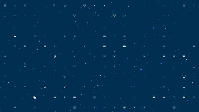 Template animation of evenly spaced drum symbols of different sizes and opacity. Animation of transparency and size. Seamless looped 4k animation on dark blue background with stars