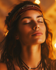 Banner bohemian style meditation woman with closed eyes in a peaceful state, light bulbs on background