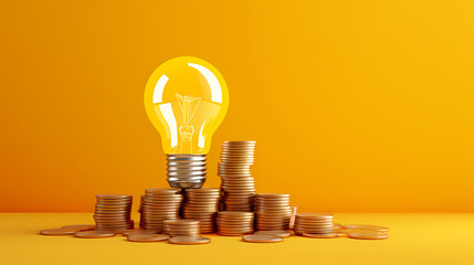 Light bulb and pile of coins on yellow background