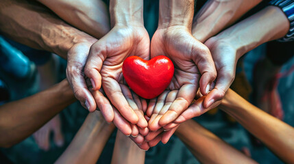 Hands holding heart. United diversity or multi-cultural partnership in a group	
