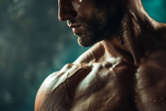 Close-up of a man's muscular physique under bright studio lights, showcasing his defined muscles and toned abs
