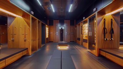 Modern Locker Room Interior With Wooden Lockers