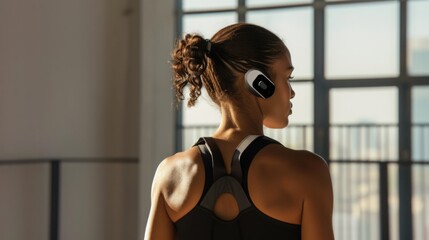Woman Wearing Headphones During Indoor Workout at Sunset
