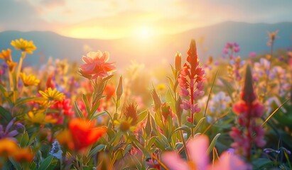 Flower field with mountains in the background at sunset, blooming plants bathed in the warm tones...