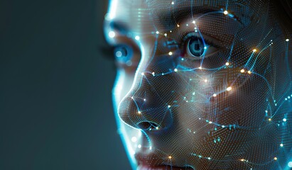 A female face with digital markers applied. The concept of the future.