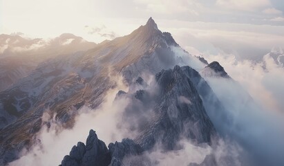 Mountain peaks among clouds at sunset. Grandeur of nature concept. - obrazy, fototapety, plakaty