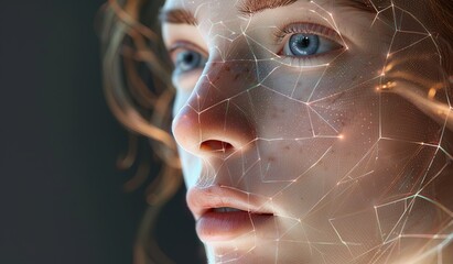 A female face with digital markers applied. The concept of technology and the future.