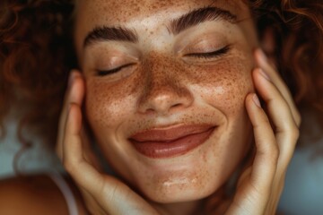 Close-up of a smiling woman with closed eyes, running her fingers across her smooth and glowing skin
