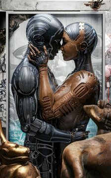 A close up dark fantasy image of a loving humanoid mechanical cyber couple