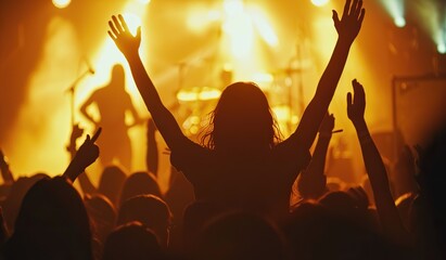 Silhouettes of people with raised hands at a concert. The concept of a music festival and...