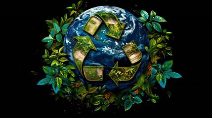 Recycle Symbol on Earth with Green Leaves, Eco Conservation Concept