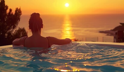Woman at sunset in a jacuzzi overlooking the sea. Concept of luxury relaxation. - obrazy, fototapety, plakaty