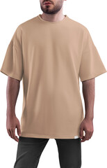 Mockup tan, nude, beige T-shirt on a man PNG, front view