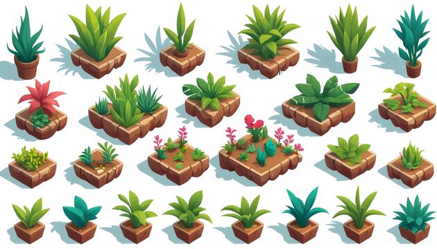 isometric plants set illustrations plants design elements on isolated white background gardening environment nature plantation 