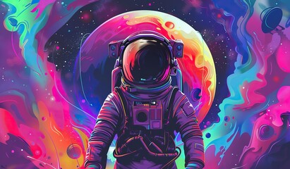 Astronaut on a psychedelic space background. The concept of space exploration. - obrazy, fototapety, plakaty