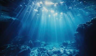 Underwater rocks and sun rays. The concept of the underwater world and ocean depth. - obrazy, fototapety, plakaty