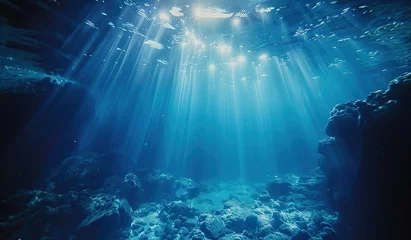 Foto op Plexiglas Underwater rocks and sun rays. The concept of the underwater world and ocean depth. © volga