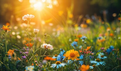 Flower field under the rays of the sun at sunset. The concept of the beauty and picturesque nature. - obrazy, fototapety, plakaty