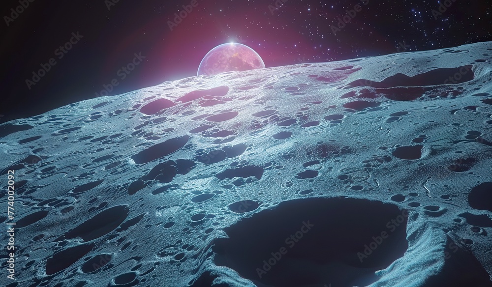Wall mural lunar surface with a view of a red planetary object in space. the concept of a lunar landscape.