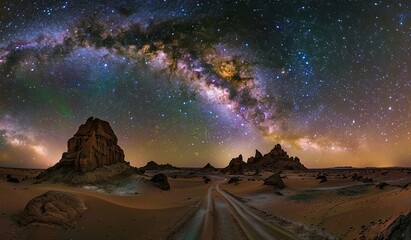 Starry sky above desert. The concept of the infinity of space and the grandeur of nature.