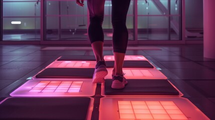 Person Walking on Illuminated Floor Tiles at Dusk