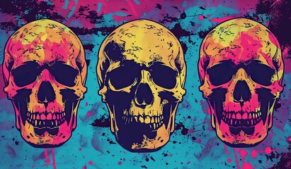 Vibrant skulls on a psychedelic background. The concept of pop art and street culture.