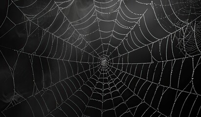 A spider web covered with dew on a dark background. The concept of fragility and complexity in natural patterns.