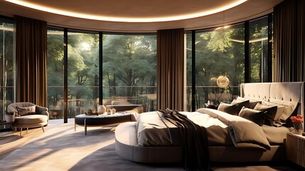 Dive into the opulence of a master suite as the AI crafts an image of a bedroom with a panoramic window offering breathtaking views of a majestic forest, complementing the lavish interior - obrazy, fototapety, plakaty