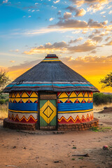 A traditional, colorful, round African hut of the Ndebele tribe in a peaceful South African village, bathed in the warm evening sunlight