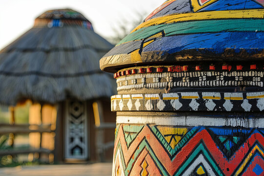 A traditional, colorful, round African hut of the Ndebele tribe in a peaceful South African village, bathed in the warm evening sunlight