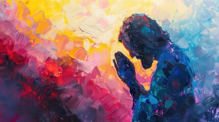 Christ in prayer, an acrylic palette of peaceful dawn colors enveloping him - obrazy, fototapety, plakaty