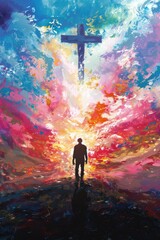 Fototapeta premium Christian man before a towering cross, radiant acrylic skies above