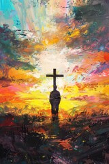Christian man before a towering cross, radiant acrylic skies above - obrazy, fototapety, plakaty