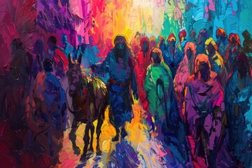 Christs humble entry into Jerusalem on a donkey, acrylic crowd scenes in vibrant hues - obrazy, fototapety, plakaty