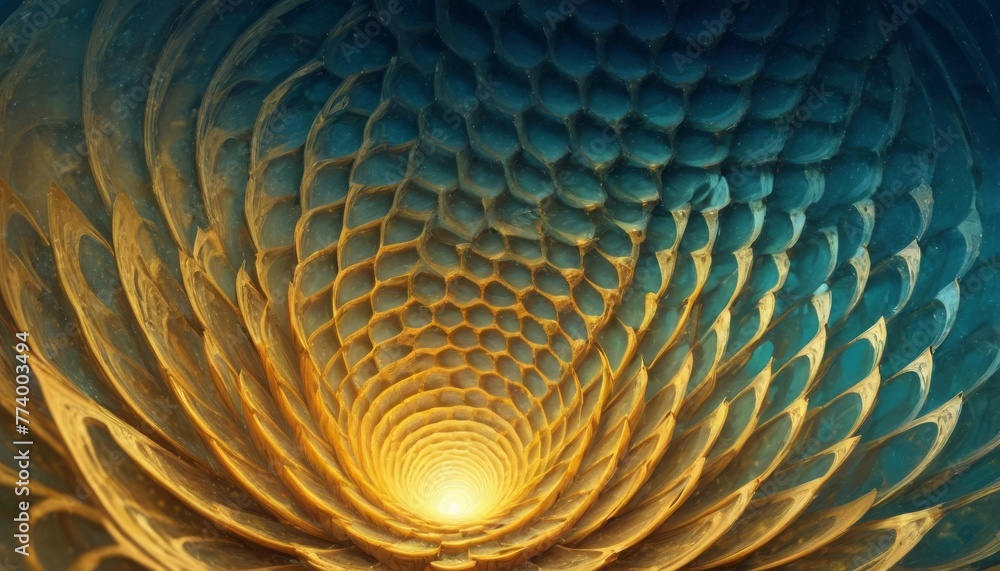 Poster a digital artwork resembling a golden spiral with intricate fractal patterns, featuring a warm color