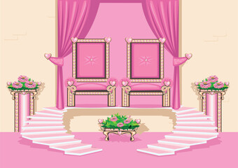 Throne room with a pink throne for a beautiful princess, decorated with pink heart-shaped gemstones. Interior of the princess's castle. Vector illustration of a fairytale throne room interior. - 774003421