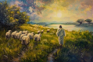 Jesus as the Good Shepherd, leading his flock, pastoral scene in gentle acrylics - obrazy, fototapety, plakaty
