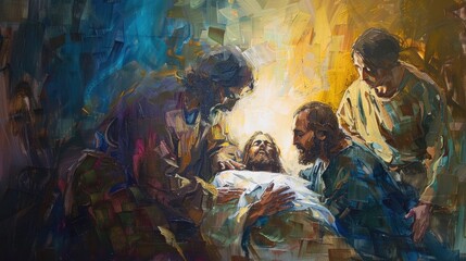 Jesus healing the sick, a touch of compassion, acrylics highlighting divine light