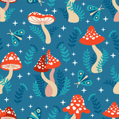 Seamless pattern of amanita mushrooms. Hand drawn vector illustration of red amanita among the branches of bushes and plants on a dark green background - obrazy, fototapety, plakaty