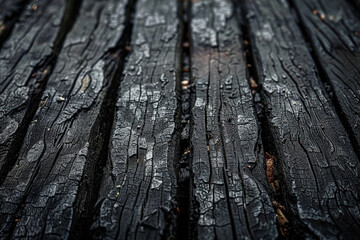 The image is of a wooden surface that has been charred and burned - obrazy, fototapety, plakaty