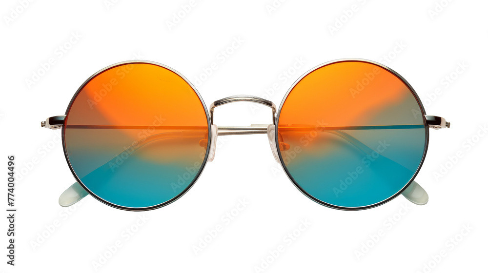 Wall mural a pair of sunglasses resting on a surface, one lens tinted orange and the other tinted blue