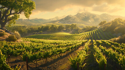 A sprawling vineyard bathed in the warm glow of the summer sun, its neat rows of grapevines...