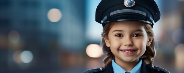 Portrait of pretty young kid european policewoman in the street smiling, banner. Generative AI.
