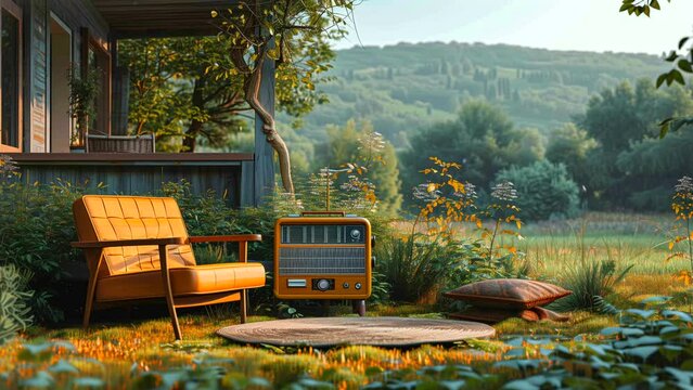 Vintage radio animation under a shady tree, for Lofi background music. seamless looping 4k time-lapse animation video background